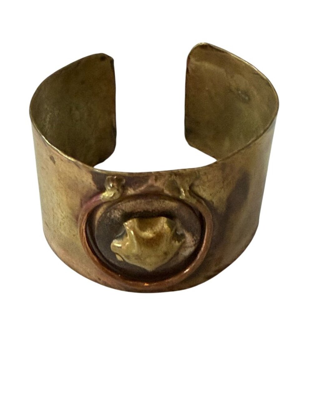 Vintage 1970s Brutalist Brass Copper Mixed Metal Wide Cuff Bracelet Artisan 2.5"